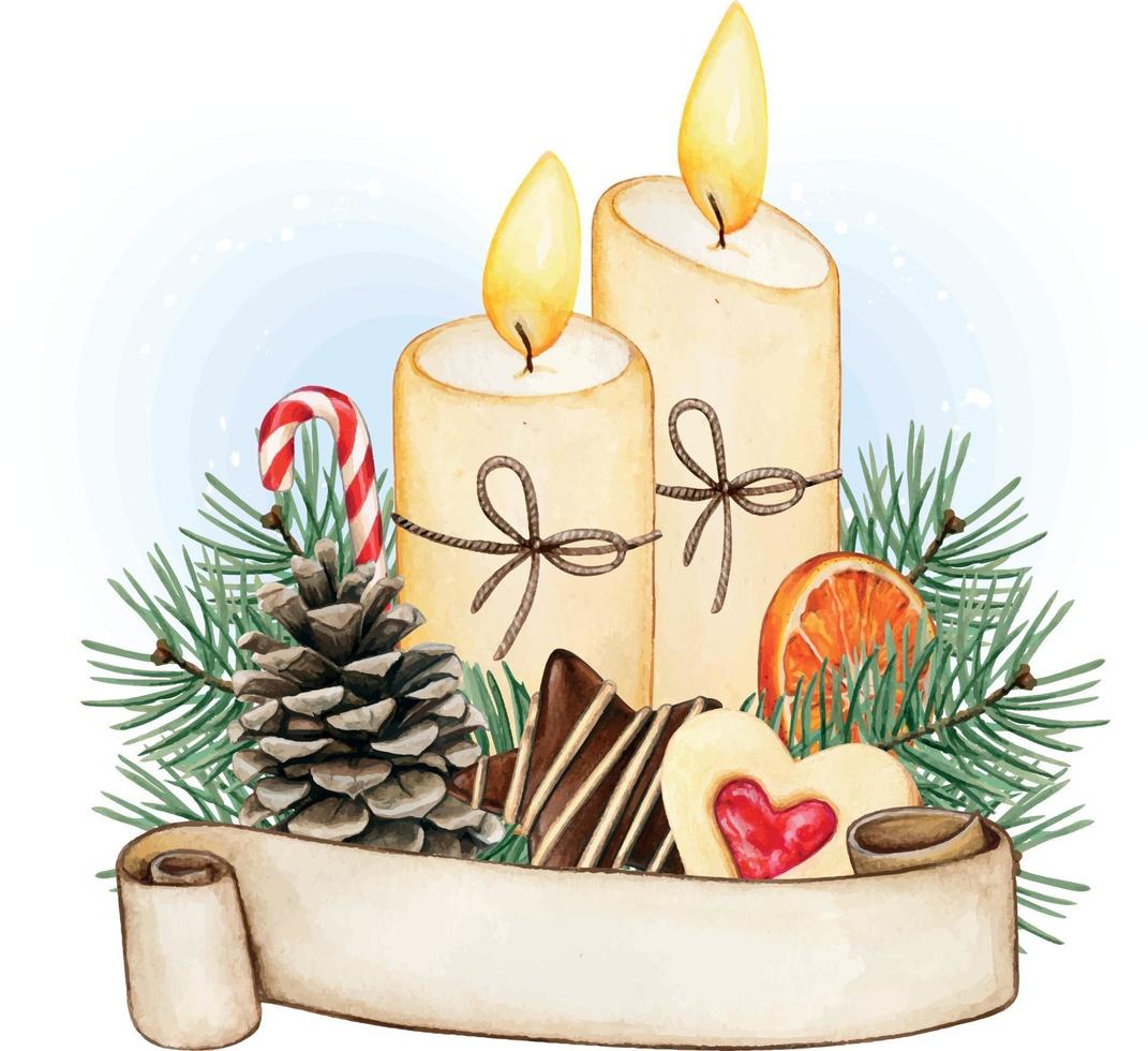 Watercolor christmas candle decoration, pinecone and winter food vector