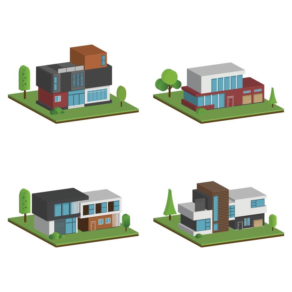 Casas isométricas y 3d, diseño plano de casa de arquitectura moderna. vector