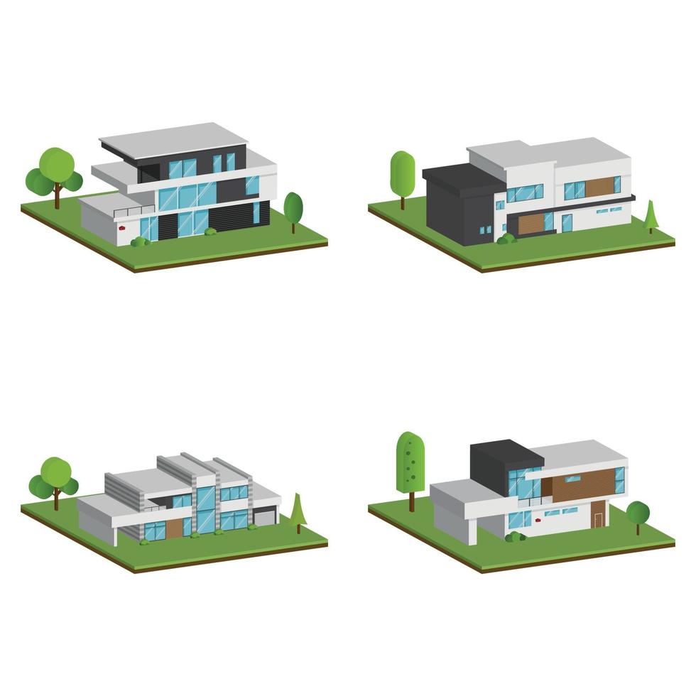 Casas isométricas y 3d, diseño plano de casa de arquitectura moderna. vector