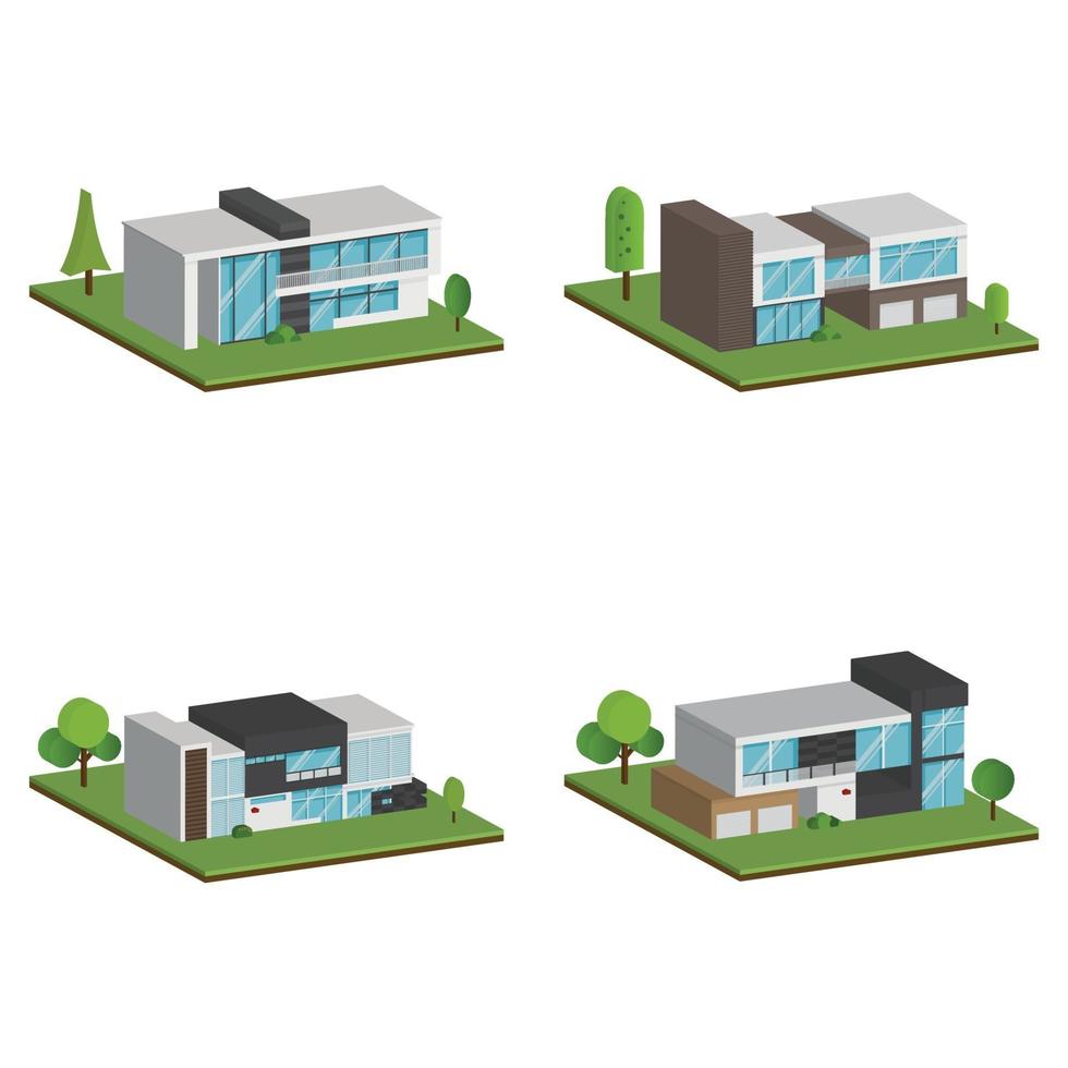 Casas isométricas y 3d, diseño plano de casa de arquitectura moderna. vector