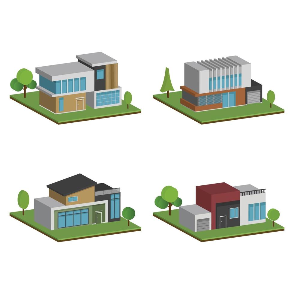 Casas isométricas y 3d, diseño plano de casa de arquitectura moderna. vector