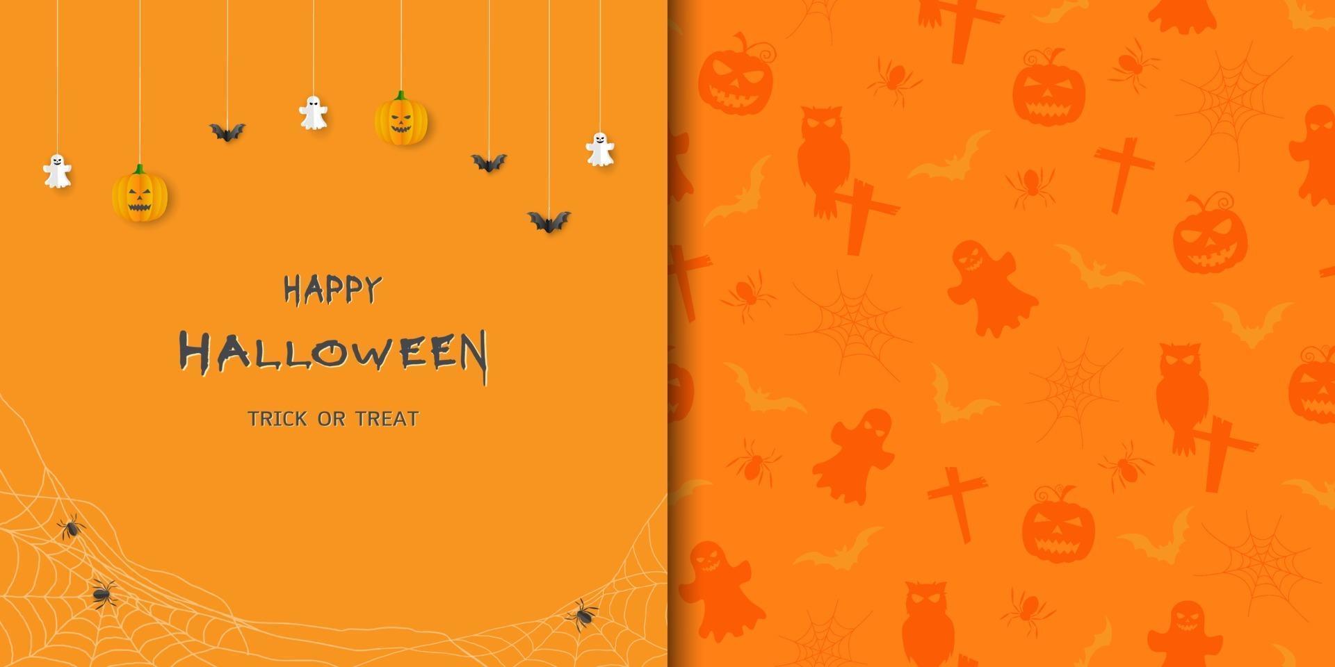 colección de tema de halloween con tarjeta de felicitación y patrones sin fisuras vector