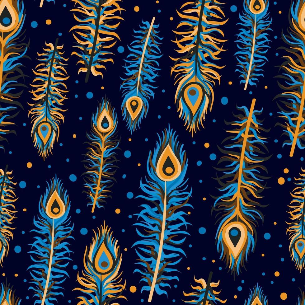 Turquoise and golden peacock feathers seamless pattern vector