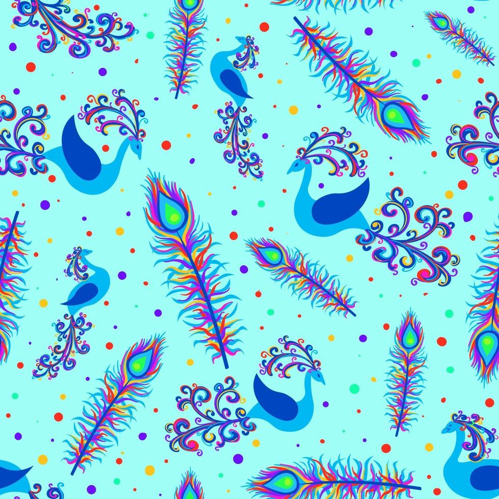 Colorful seamless pattern with peacock birds and feathers. vector