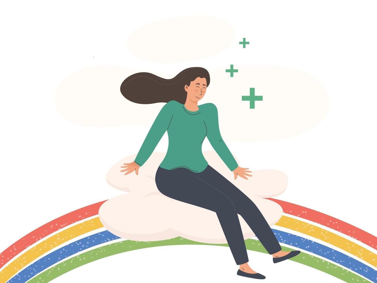 Young woman sitting on a rainbow Body positive and health care concept vector