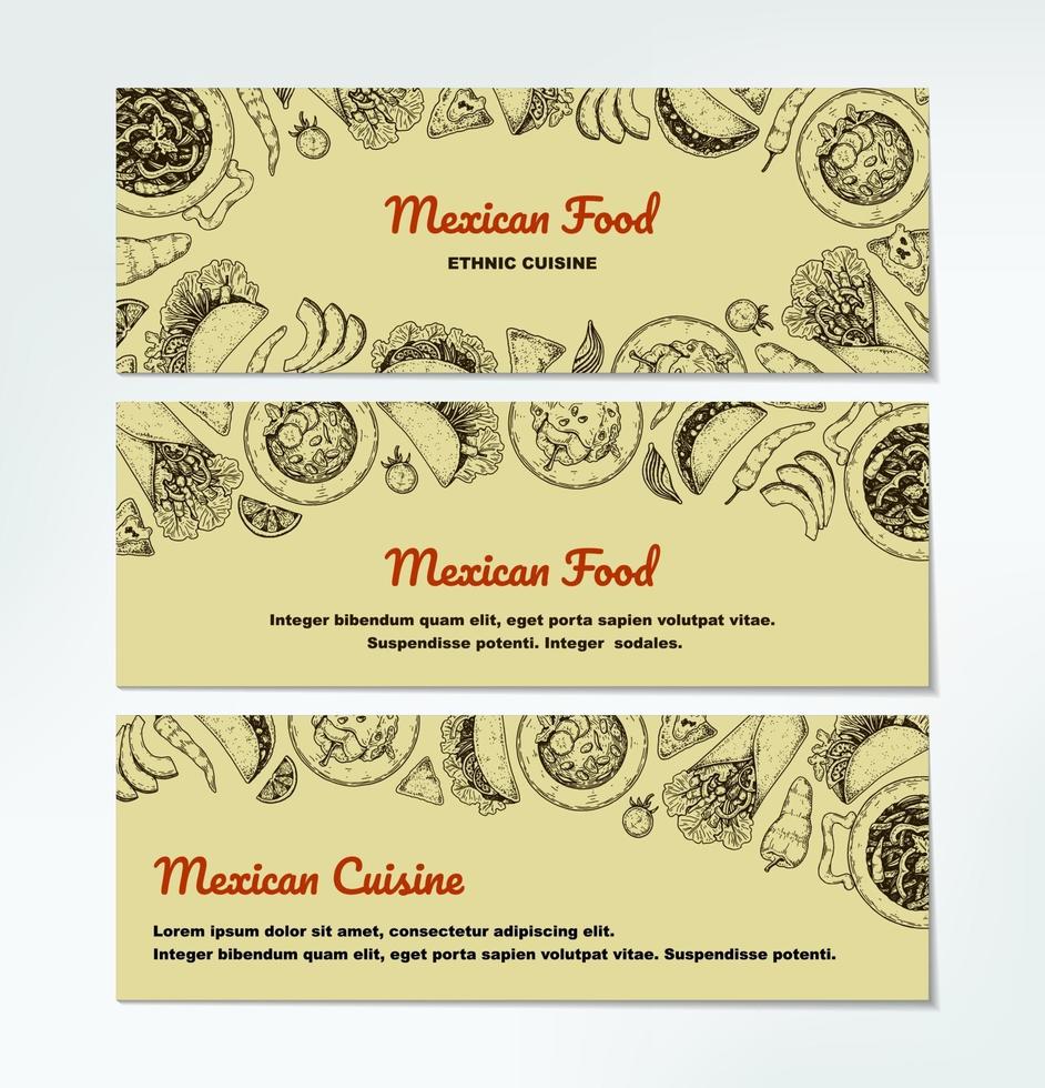 conjunto y dibujado de banners horizontales de comida mexicana. vector