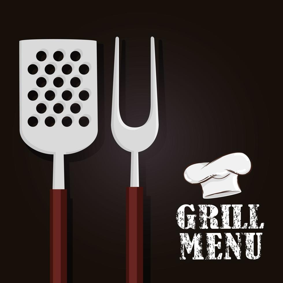 Menú grill con cubiertos y gorro de chef. vector