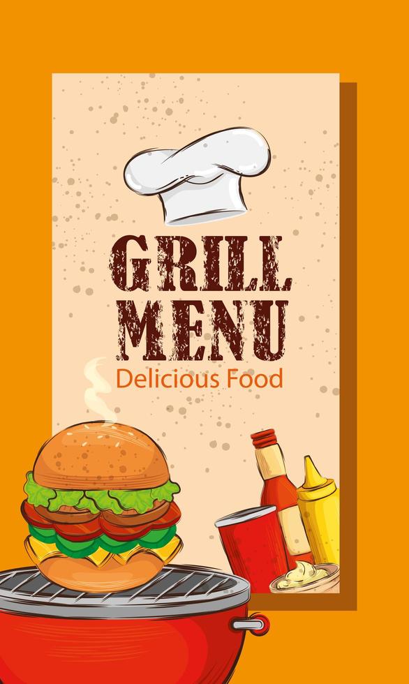grill menu with delicious hamburger vector