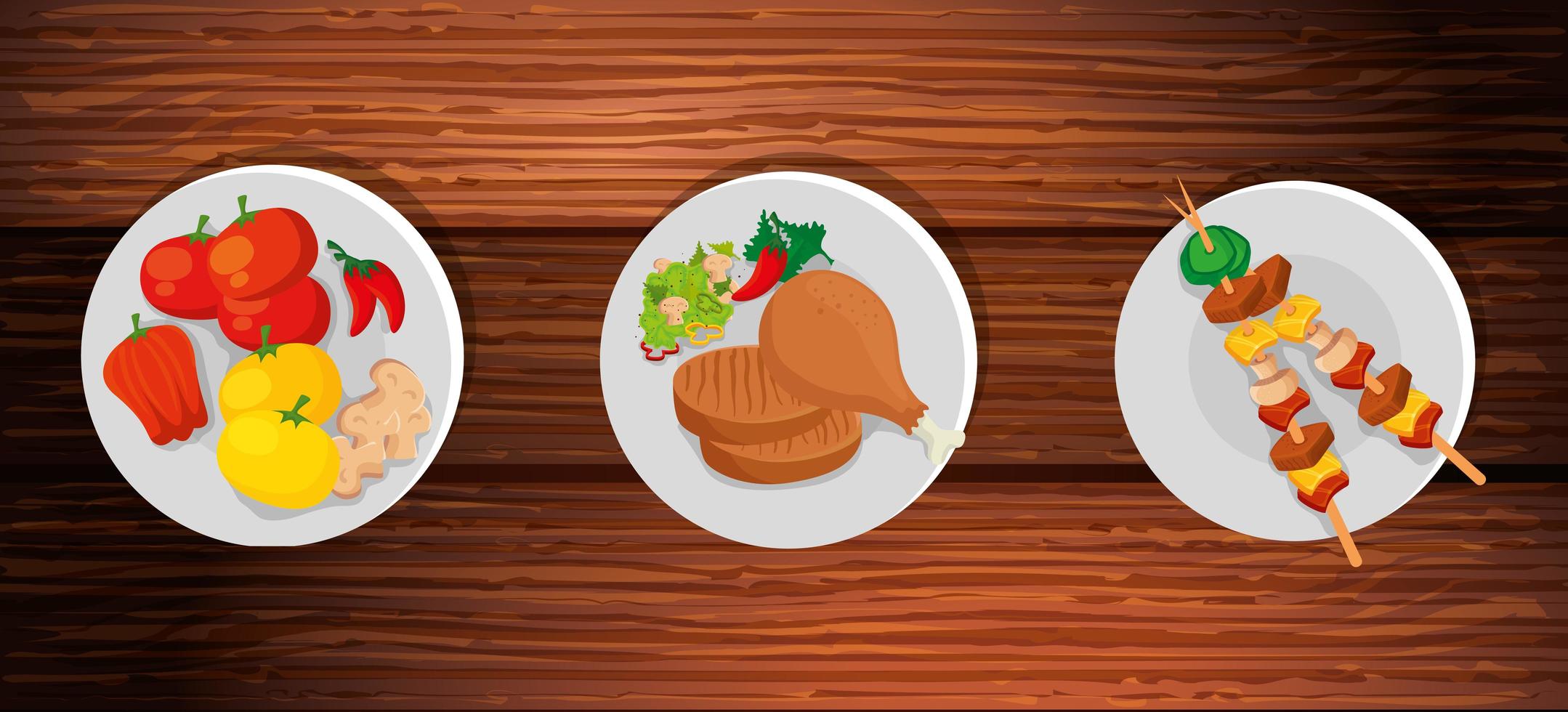 Conjunto de deliciosa comida en fondo de madera vector