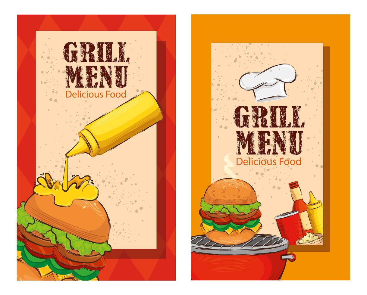 set poster of grill menu with delicious burgers vector