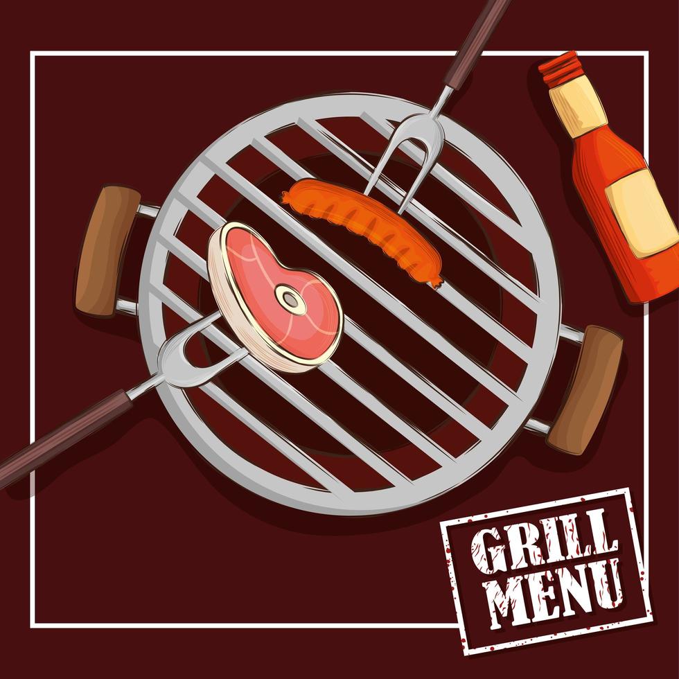 grill menu with food and forks in square frame vector