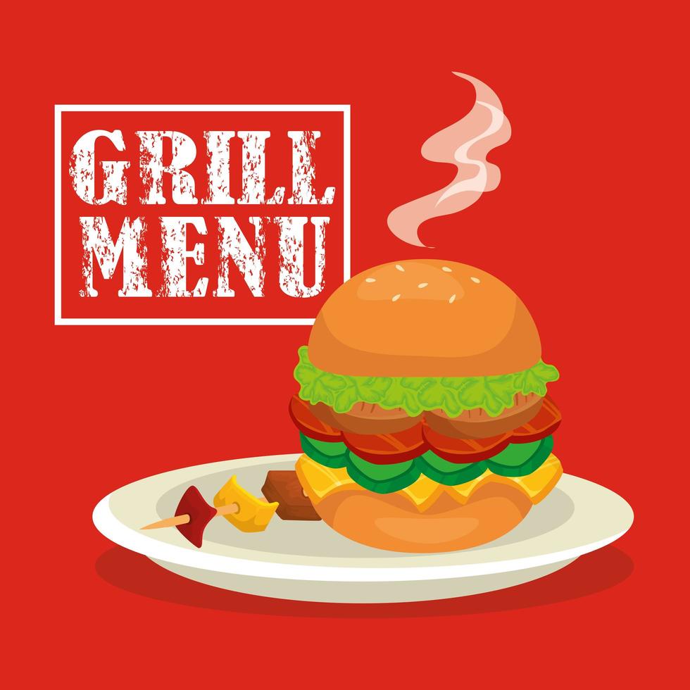 grill menu with delicious hamburger vector