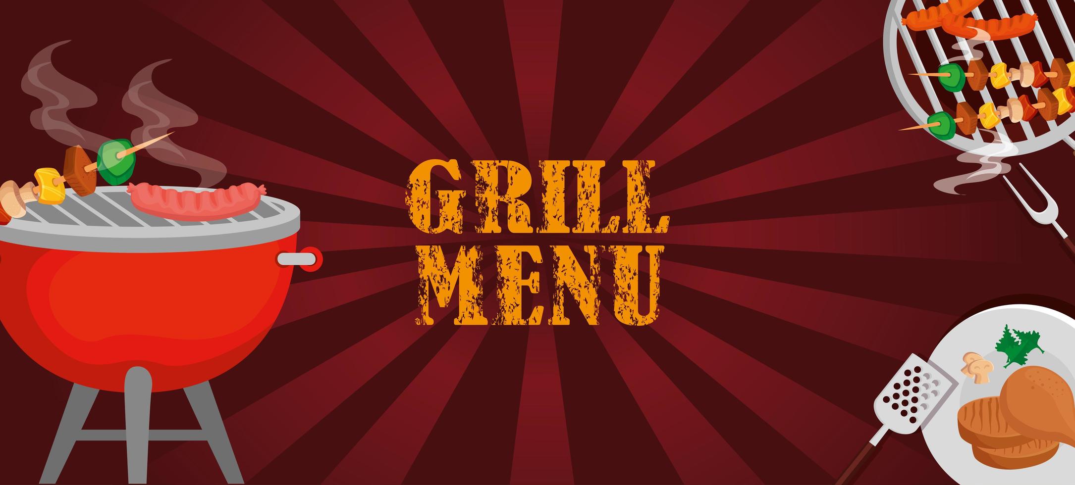 Menú grill con horno y deliciosa comida. vector