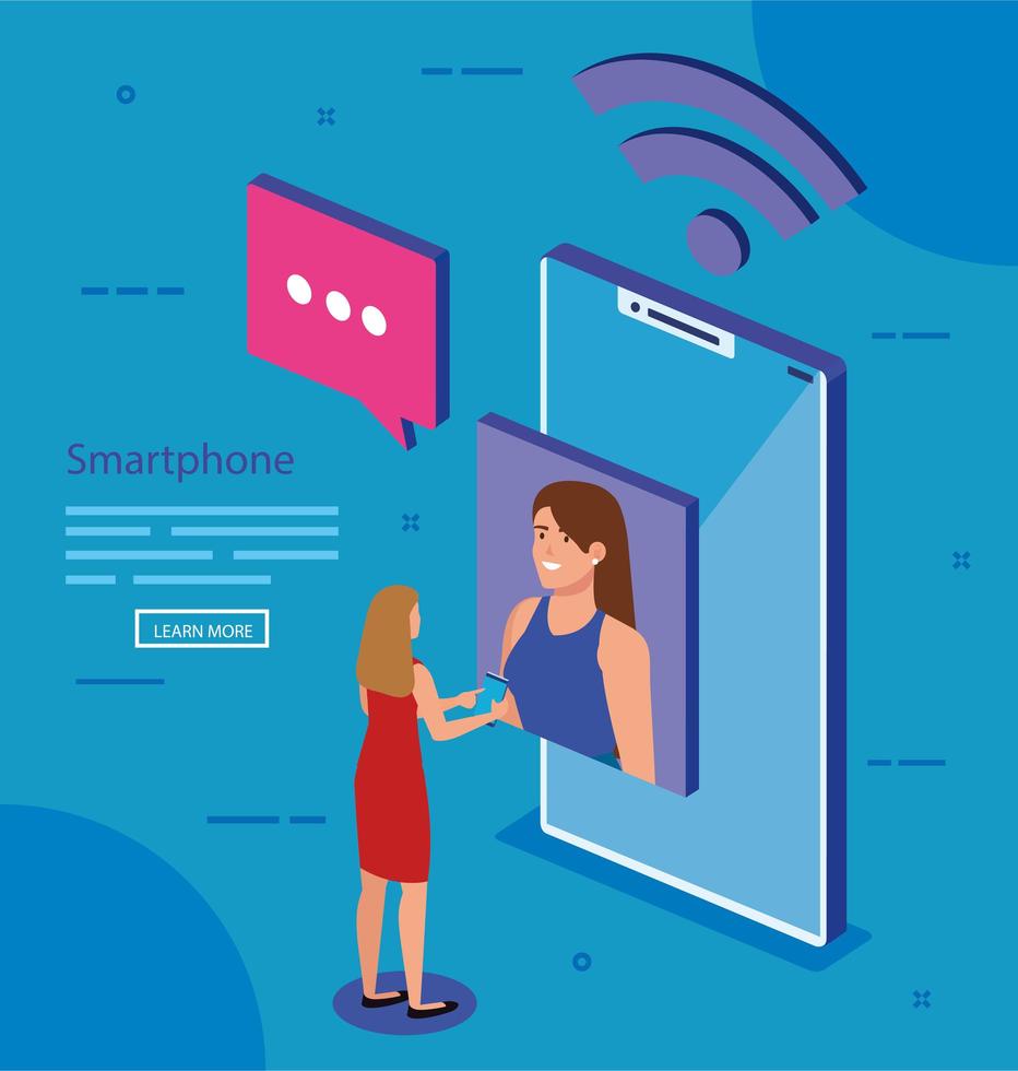 Woman with isometric smartphone vector design