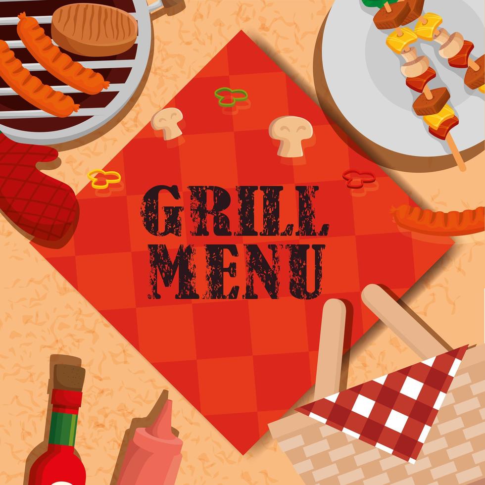 Menú grill con mantel y comida deliciosa. vector