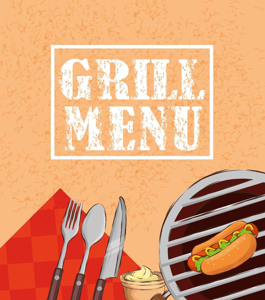 grill menu with hot dog and cutlery vector
