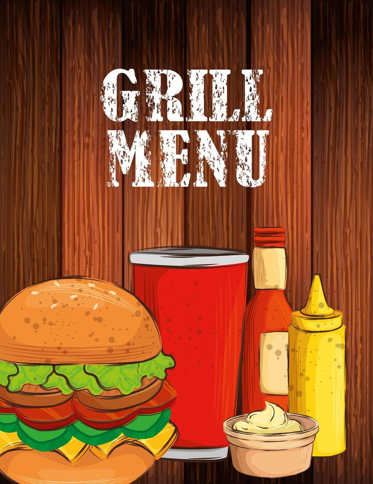 grill menu with delicious hamburger in wooden background vector