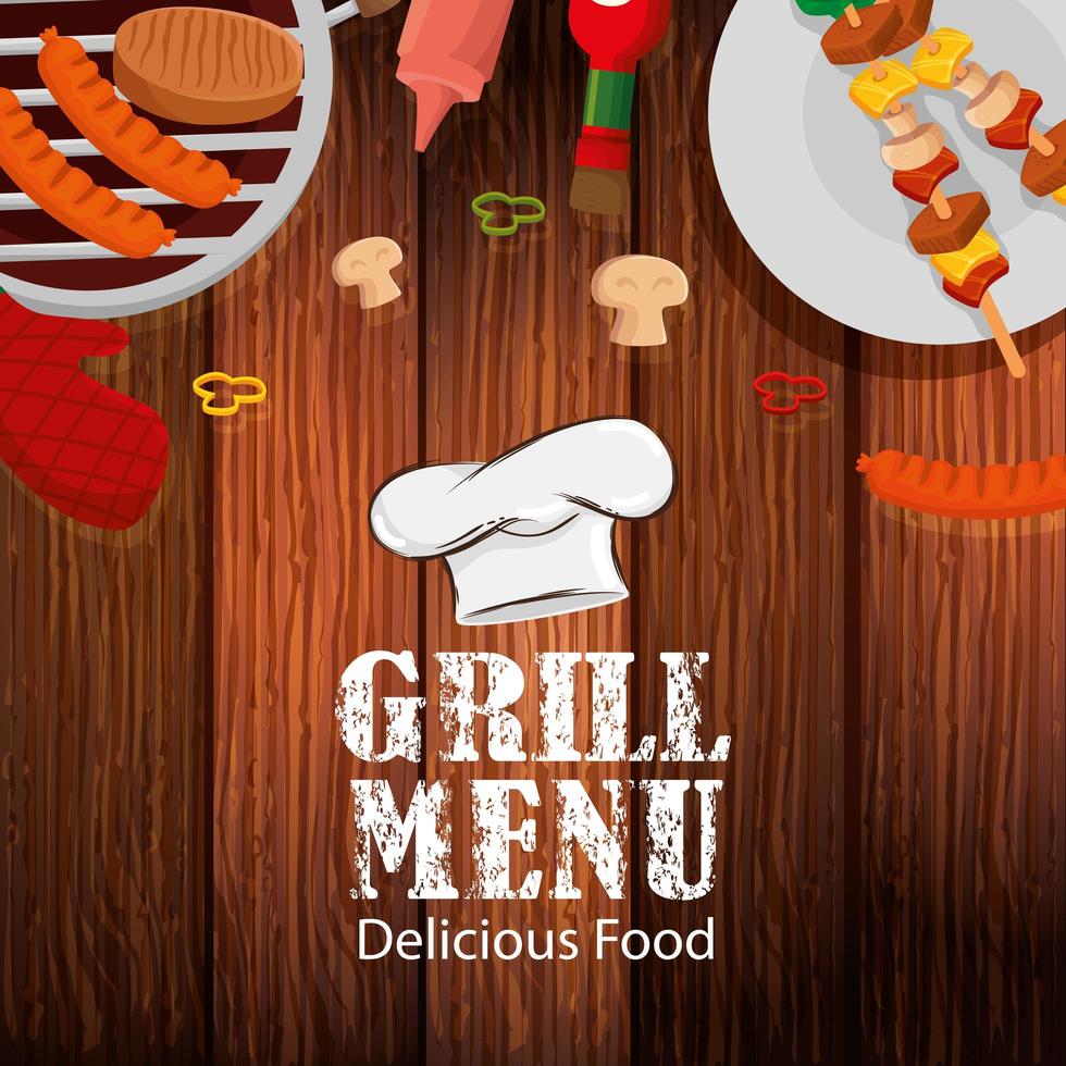 Menú grill con deliciosa comida en fondo de madera vector