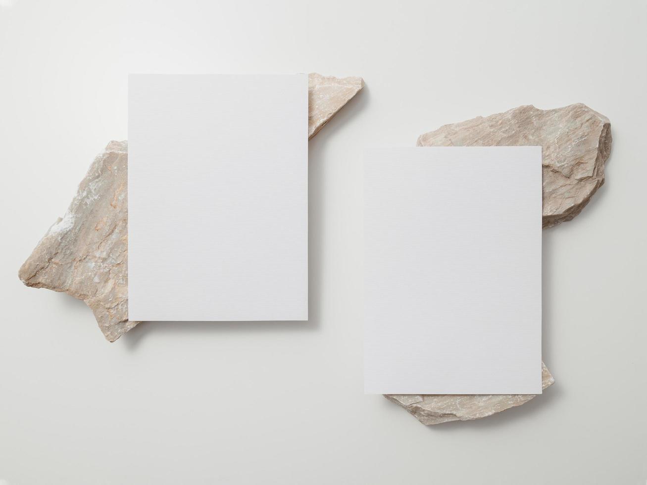 Invitation card mockup, blank greeting card template. Flat lay photo