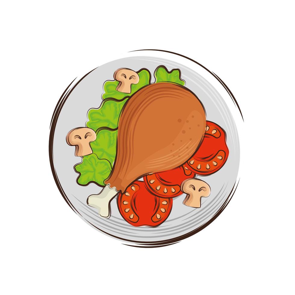 Pollo delicioso con verduras en plato icono aislado vector