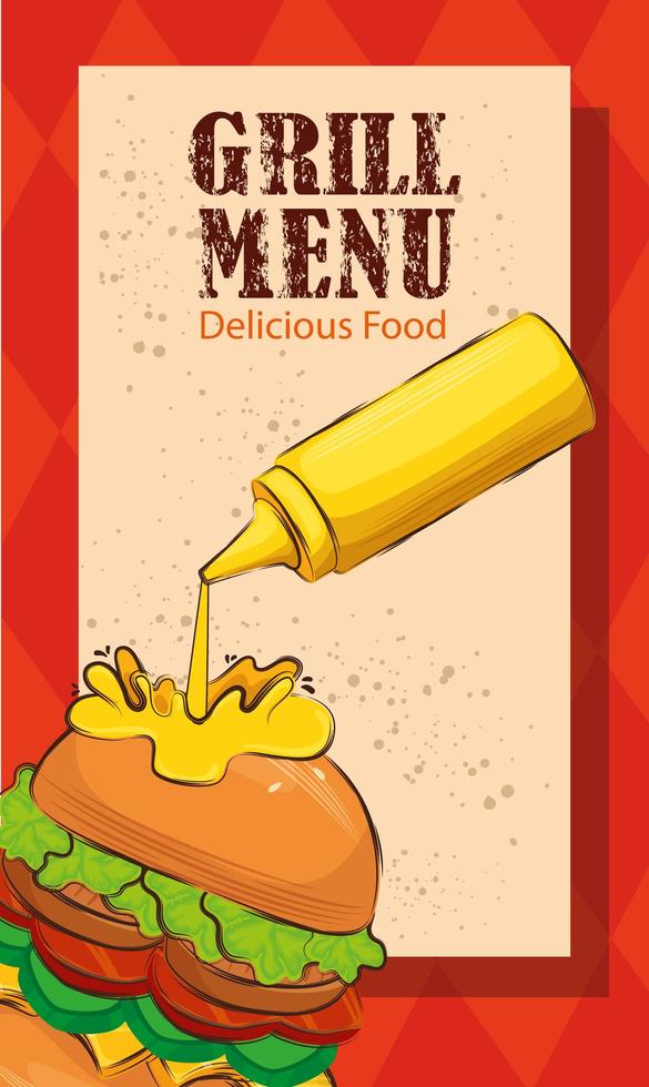 grill menu with delicious hamburger vector