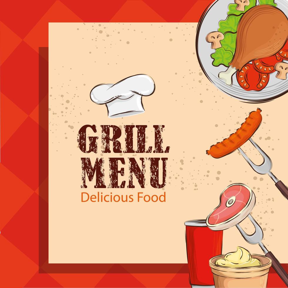 grill menu and delicious food with hat chef vector