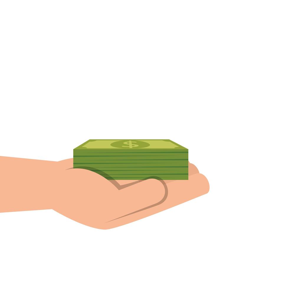 hand with pile of bills money isolated icon vector