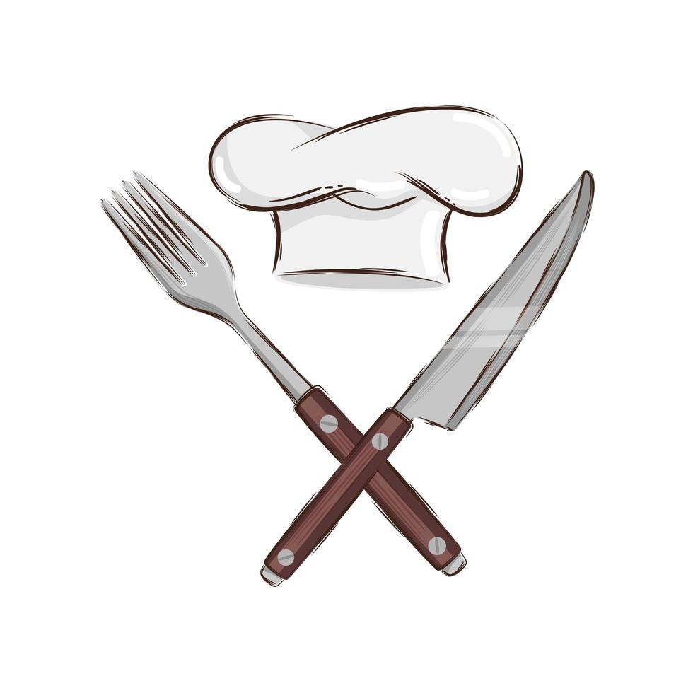 fork with knife cutlery and hat chef isolated icon vector