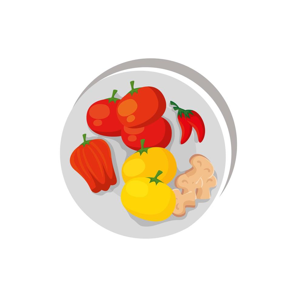 Conjunto de verduras en plato icono aislado vector