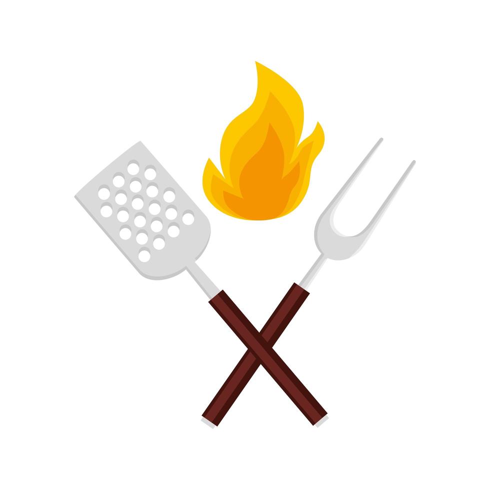 spatula with fork barbecue and flame isolated icon vector