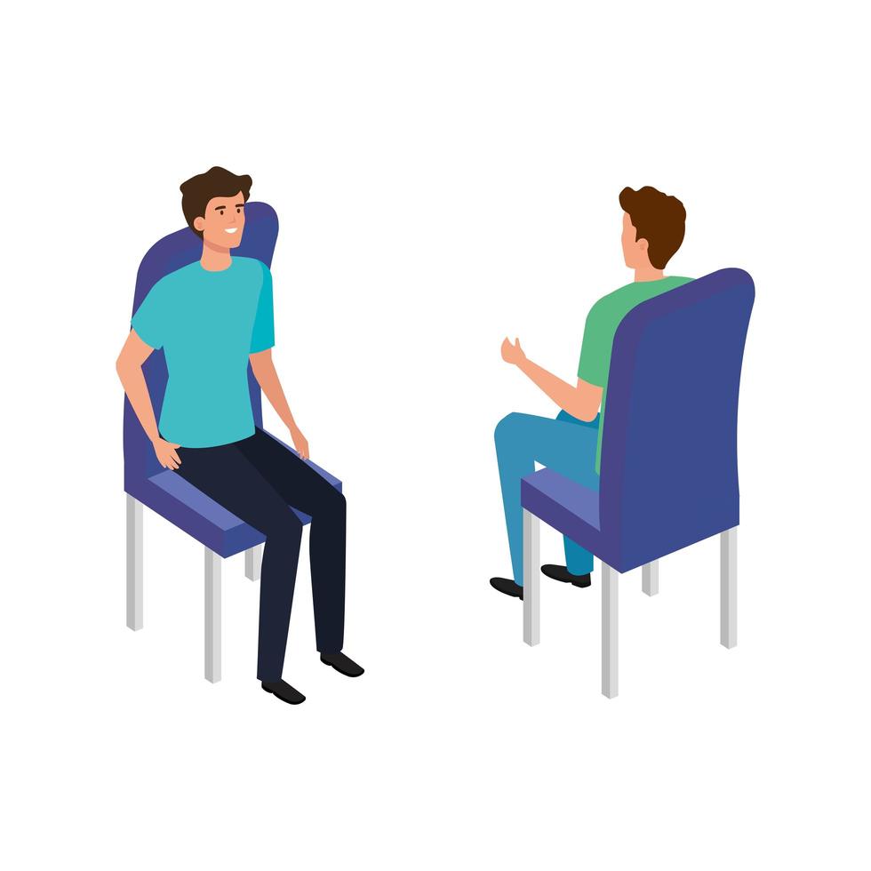 young men sitting in chairs avatar character icon vector