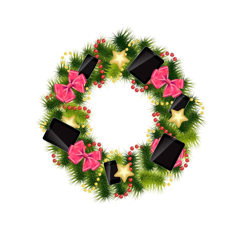 Realistic christmas wreath wih phones and tablets vector