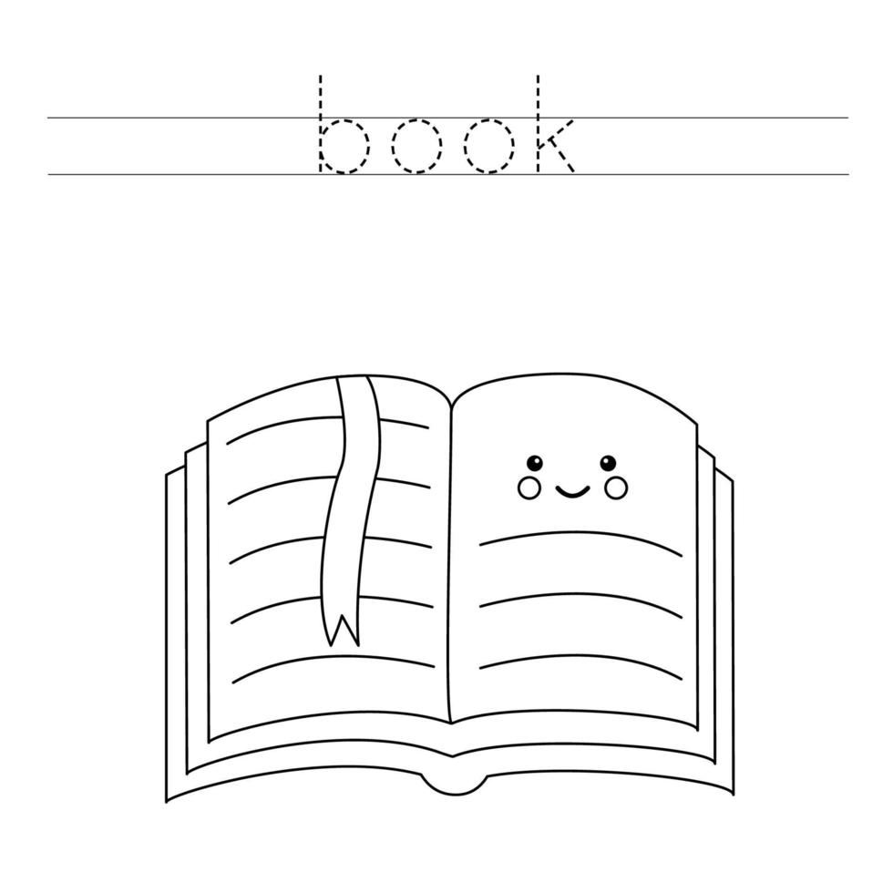 Trace the letters and color cute kawaii book. vector