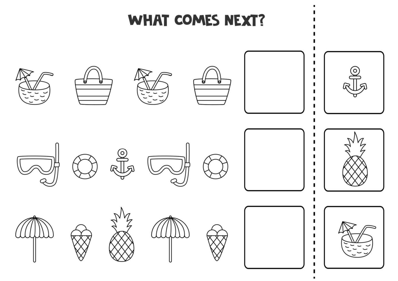 What comes next game with black and white summer elements. vector
