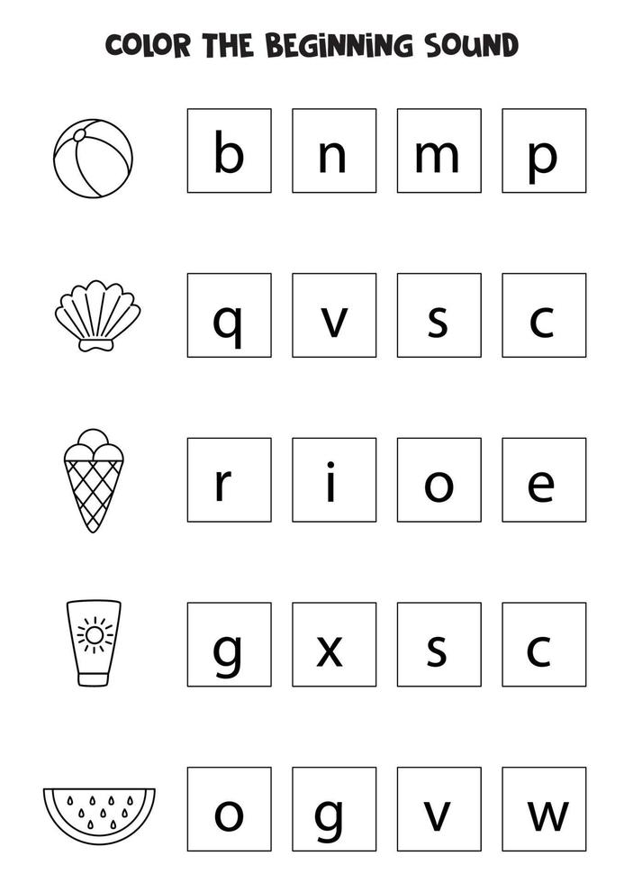 Learning English language for children. Color the beginning sound. vector