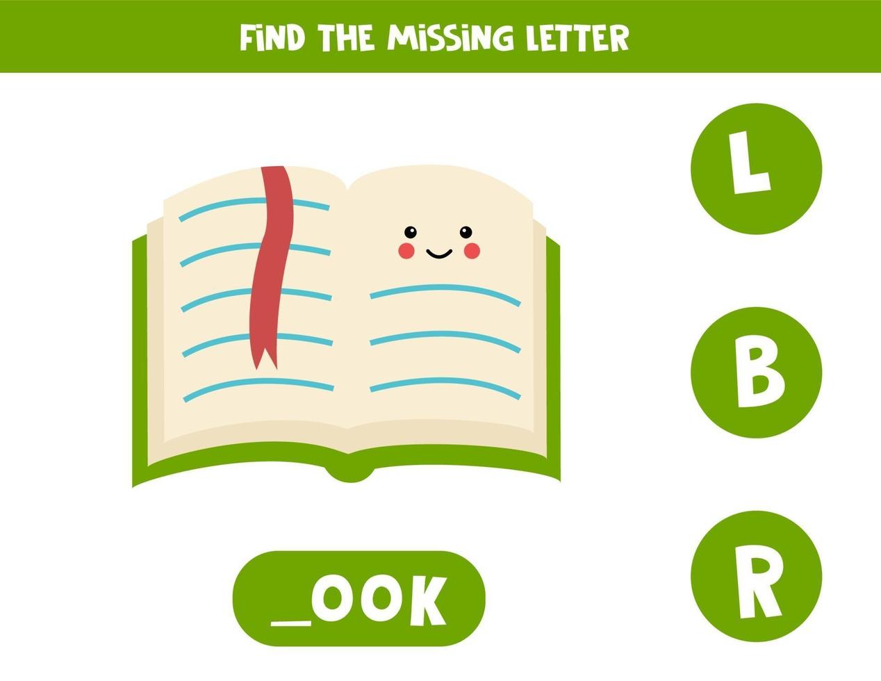 Find missing letter with cute book. Spelling worksheet. vector