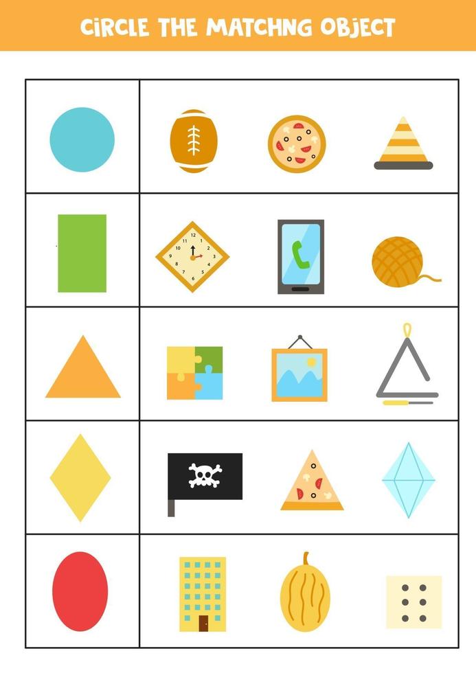Worksheet for learning geometrical shapes. Matching objects. vector
