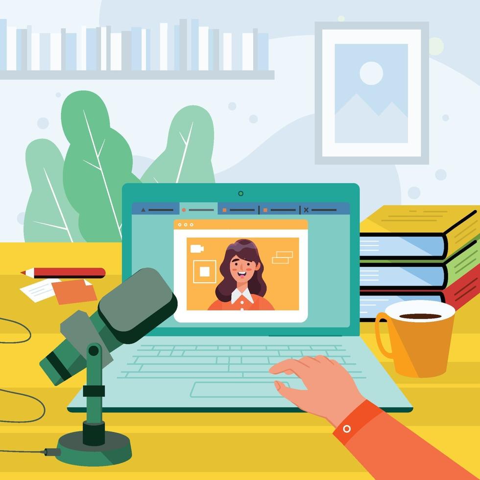 Woman Having a Live Broadcast with Laptop vector