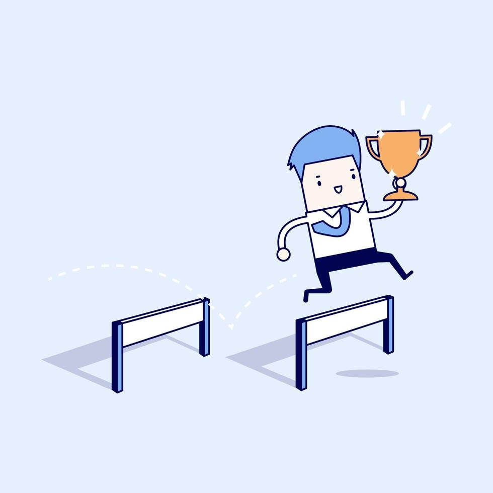 Businessman jumping and holding trophy. vector