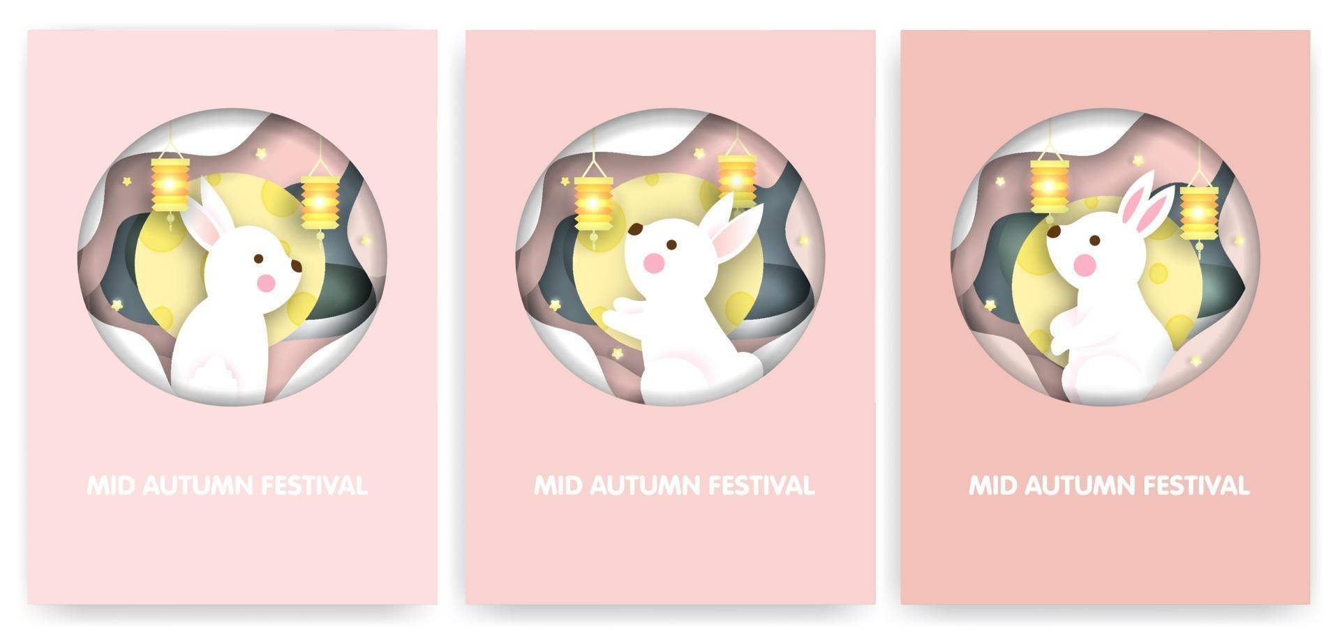 conjunto de tarjetas del festival del medio otoño con lindos conejos. vector