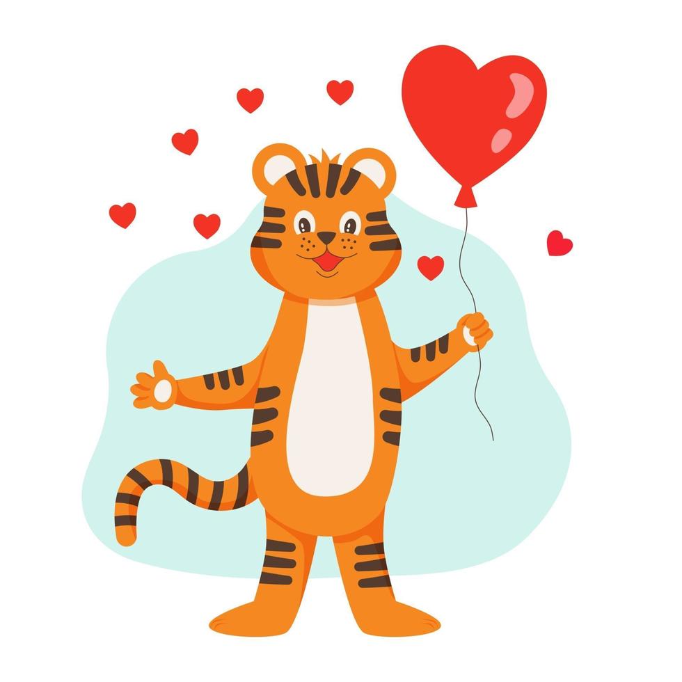 The tiger is holding a heart-shaped balloon. The symbol of the year. vector