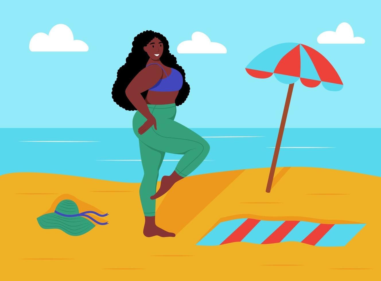 Young curvy woman on the beach. Body positive, self-love vector