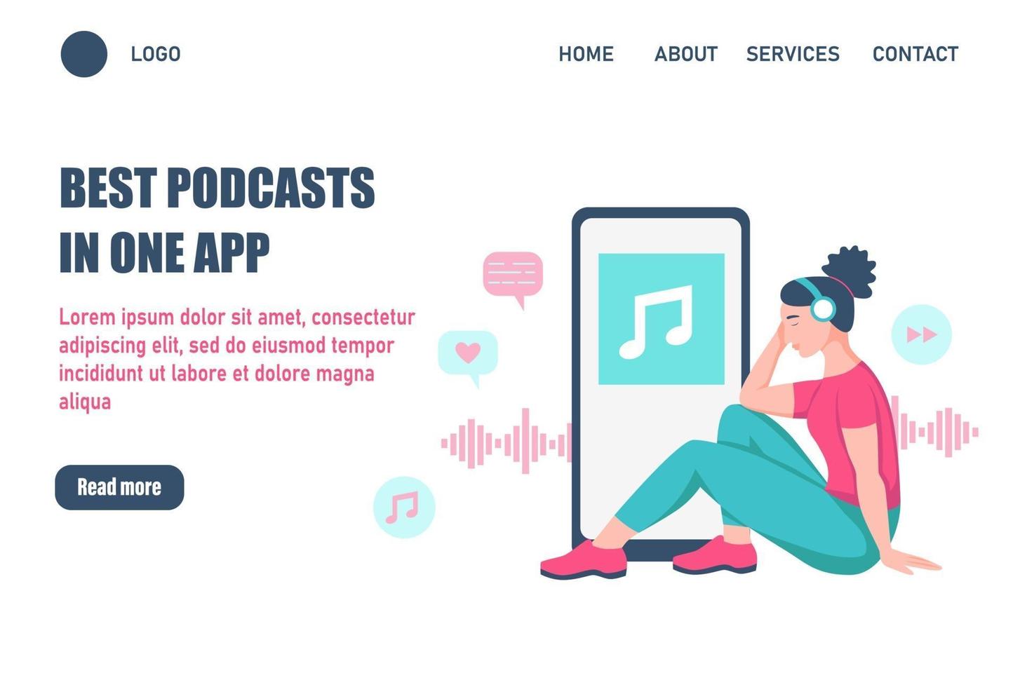 mejores podcasts en una plantilla de vector de página de destino de aplicación.