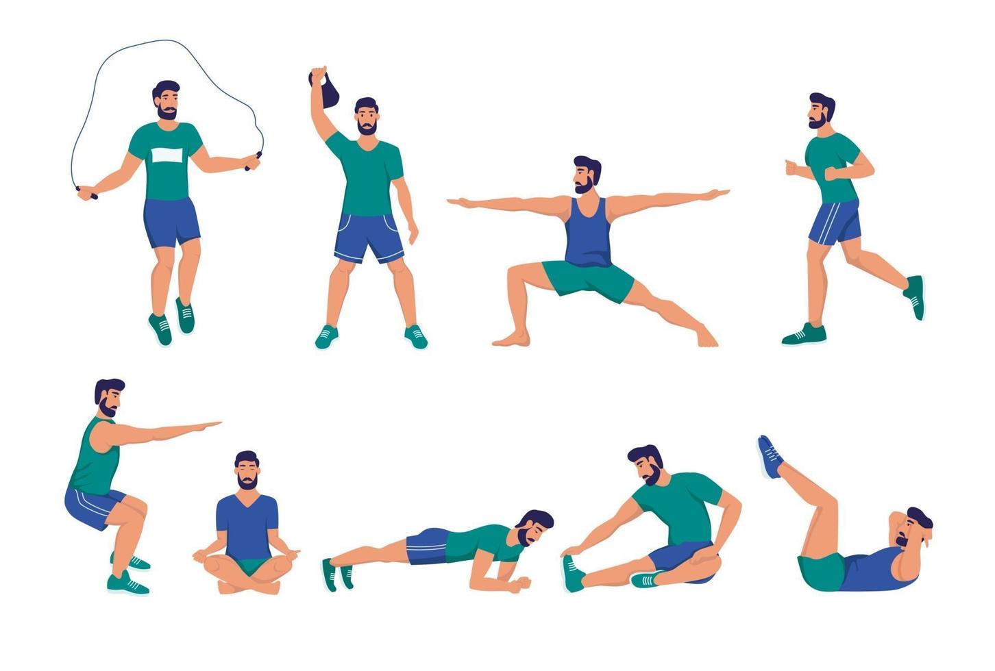 un conjunto de hombres jóvenes practicando deportes. vector