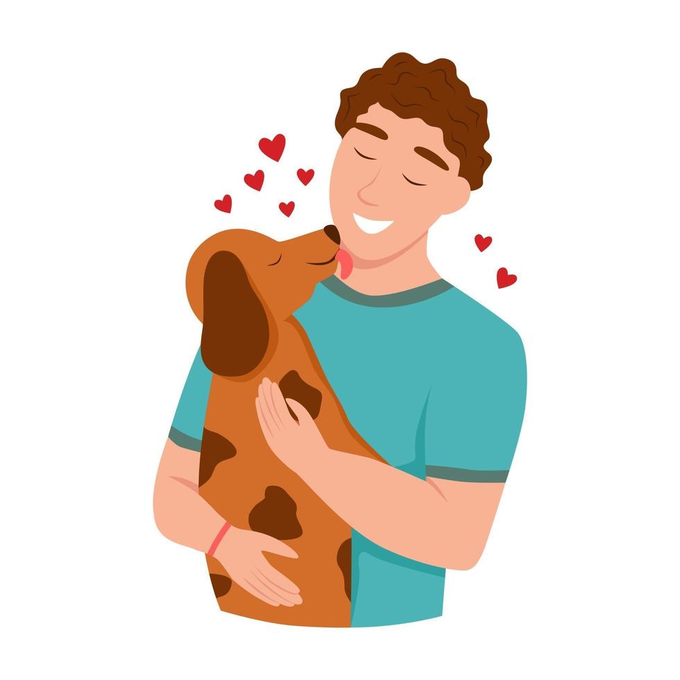 Happy pet owners. A young man hugs a dog vector