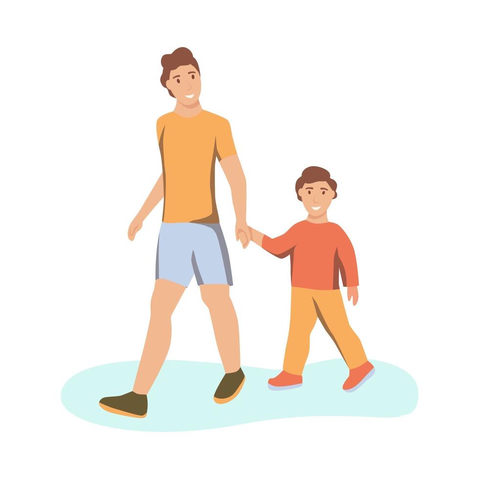 A young man and his son hold hands and walk vector