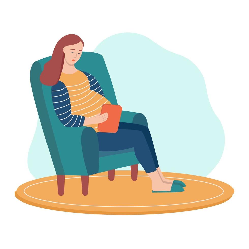 A young pregnant woman sits in a chair and holds a tablet in her hands vector