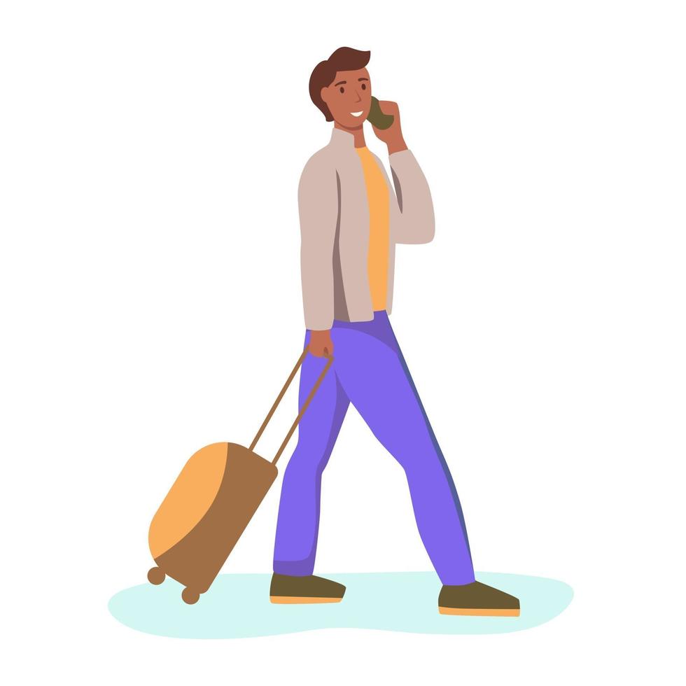 A young man with a suitcase is walking and talking on the phone. vector