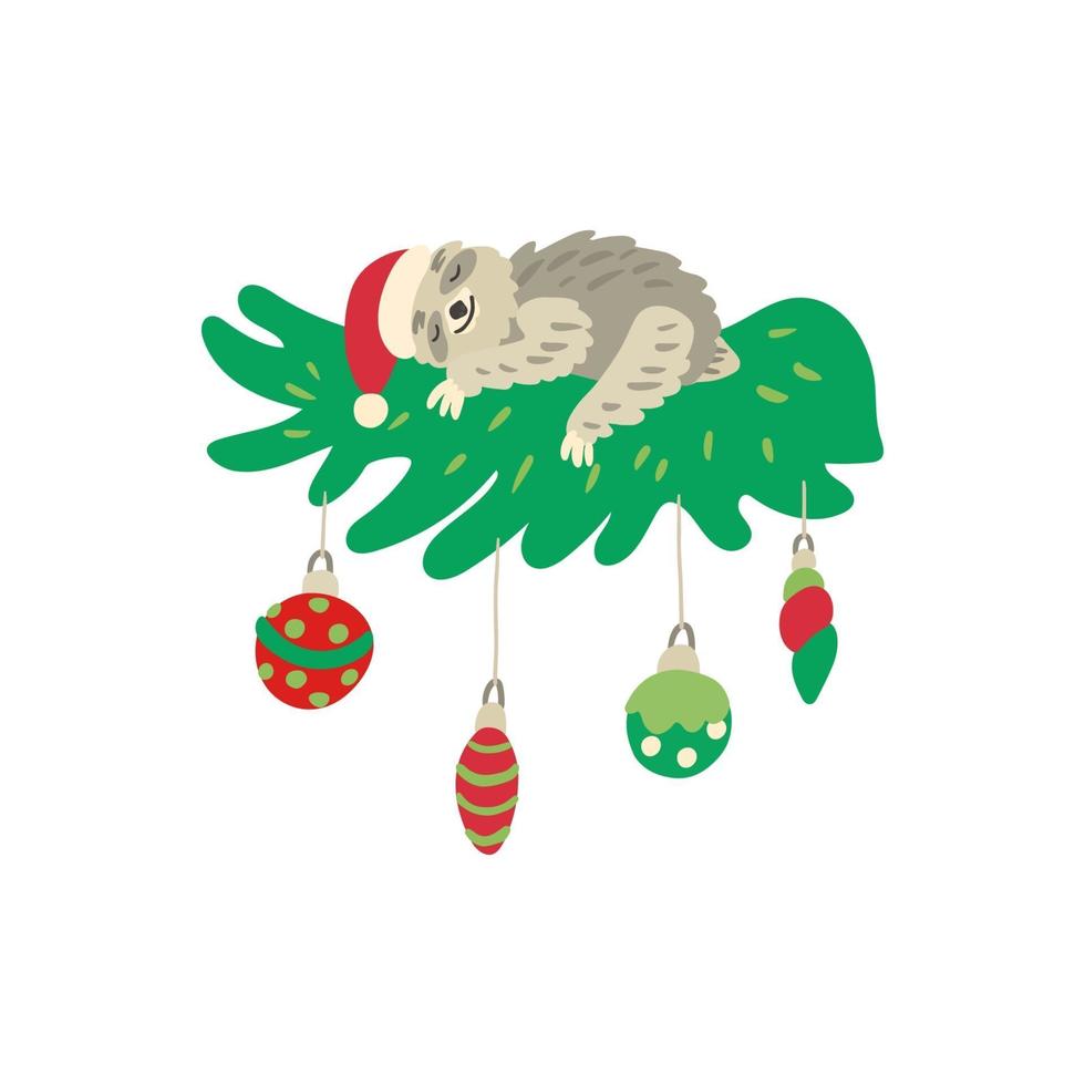 A cute sleeping sloth on a beautiful decorated christmas branch vector