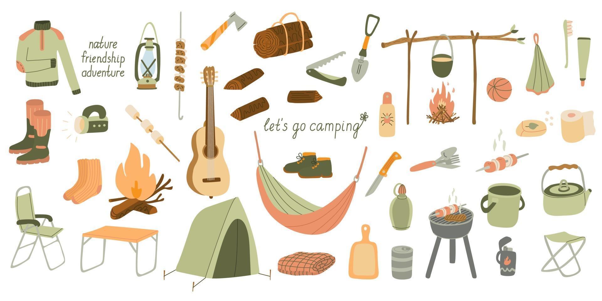 Gran conjunto de ilustraciones vectoriales de equipos de turismo y camping. vector